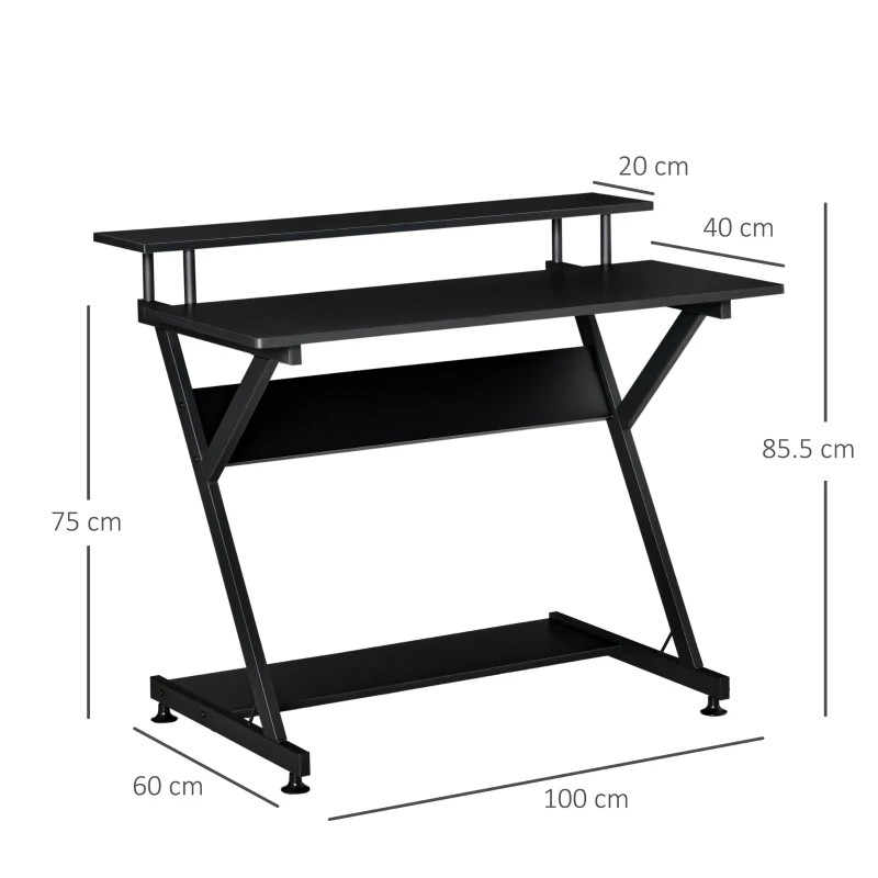 HOMCOM Tavolo Porta PC Salvaspazio con Ripiano Monitor Rialzato, 100x60x85.5cm, Legno - Nero