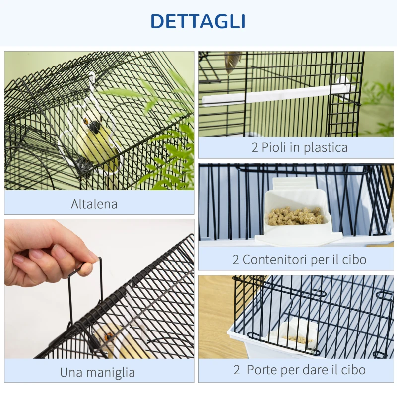 PawHut Gabbia per Uccelli in Metallo con Maniglia, Vassoio Estraibile, Pioli e Altalena, 39x33x47cm, Bianco