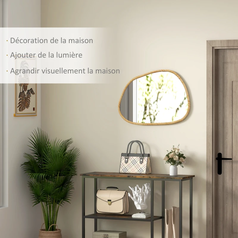 HOMCOM Miroir mural miroir décoratif forme organique avec cadre en bois horizontal ou vertical 70 x 50 cm naturel