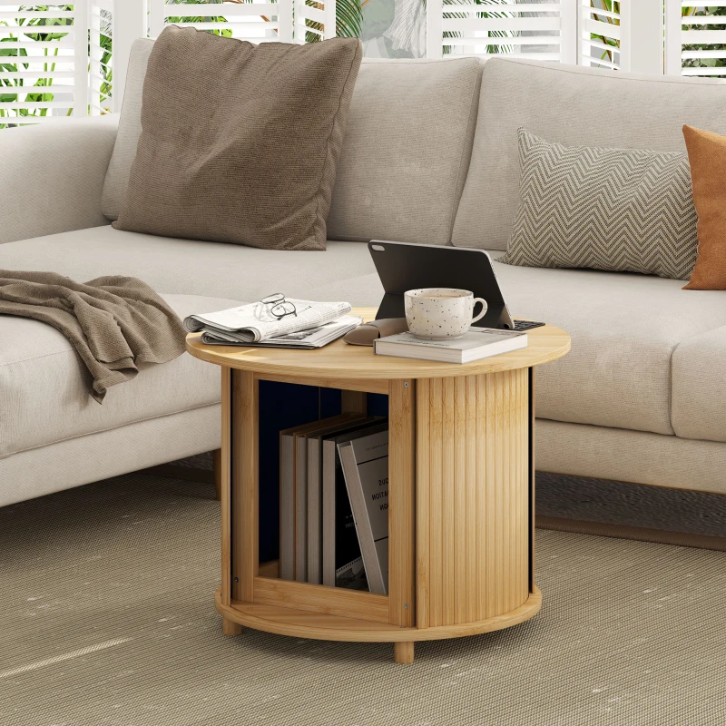 HOMCOM Table basse ronde table de salon en bambou avec rangement caché et porte coulissante, dim. Ø 60 x 45H cm, bois naturel(m-9)