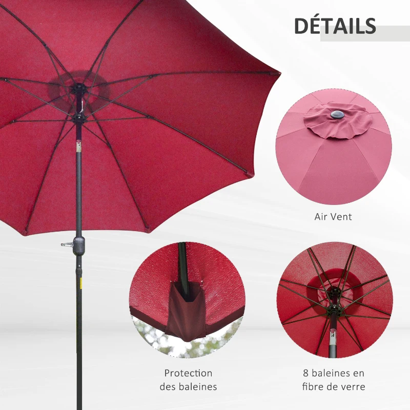 Outsunny Parasol de jardin Parasol droit Parasol inclinable aluminium fibre de verre polyester diamètre 2,65 m coloris rouge