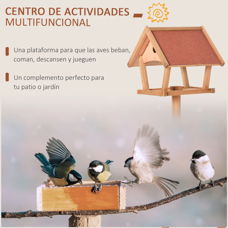 PawHut Comedero para Pájaros de Pie de Madera Maciza 49x45x139 cm con Techo Asfáltico Alimentador de Aves Silvestres para Exterior Jardín Natural