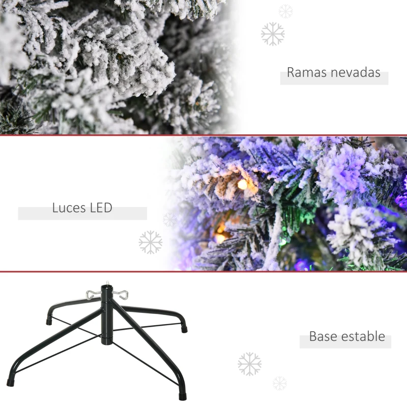 HOMCOM Árbol de Navidad Artificial con 250 Luces LED 210 cm Árbol Nevado con 829 Ramas Base Plegable de Metal Ø112x210 cm Verde