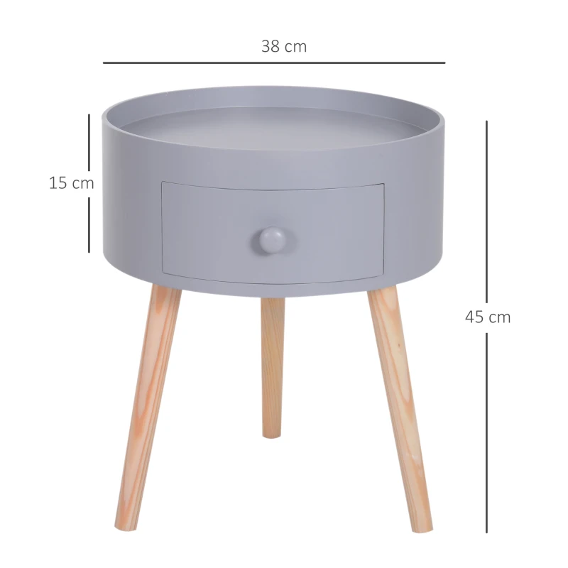 HOMCOM Table basse - table de chevet - table de nuit ronde - design scandinave table d'appoint bout de canapé avec tiroir pieds effilés inclinés bois massif chêne clair gris