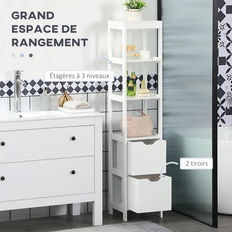 kleankin Meuble colonne de salle de bain armoire haute meuble rangement avec 3 étagères et 2 tiroirs en bois - 30 x 30 x 144 cm