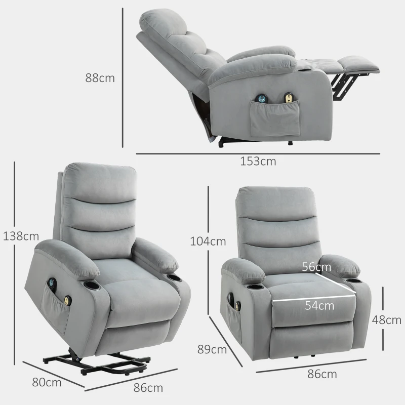 HOMCOM Fauteuil releveur inclinable massant et chauffant, tissu aspect velours avec porte-gobelets, pochette latérale, gris