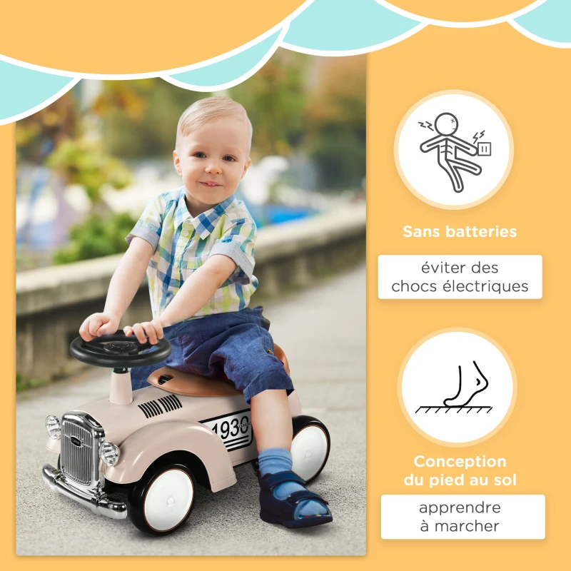 AIYAPLAY Porteur enfants voiture véhicule à pousser multi-équipée 12-36 mois coffre klaxon style vintage blanc crème(m-7)