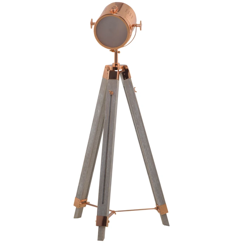 HOMCOM Industrial Tripod Floor Lamp, Nautical Searchlight with Adjustable Height, Wood Legs, E14 Lamp Base for Living Room, Bedroom, Grey and Rose Gold