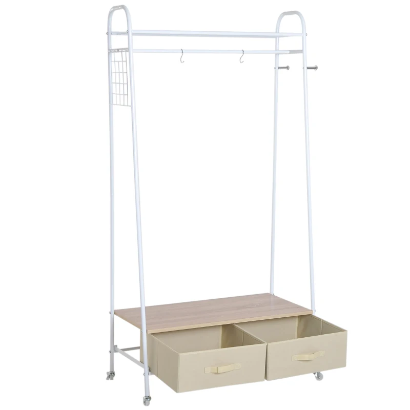 HOMCOM Portant sur roulettes porte-manteaux vestiaire d'entrée multi-rangements penderie, 2 tiroirs, 2 étagères, 2 patères  99L x 47l x 185H cm panneaux particules métal blanc