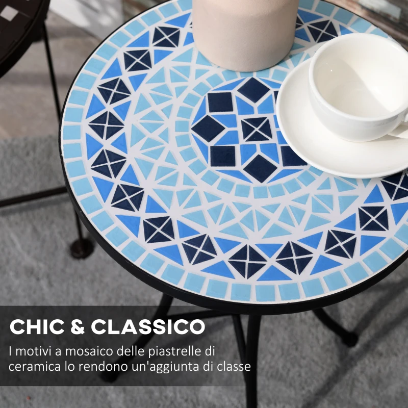 Outsunny Tavolino da Giardino Rotondo in Metallo con Piano in Ceramica, Design a Mosaico, Ф35.5x53.5cm, Blu