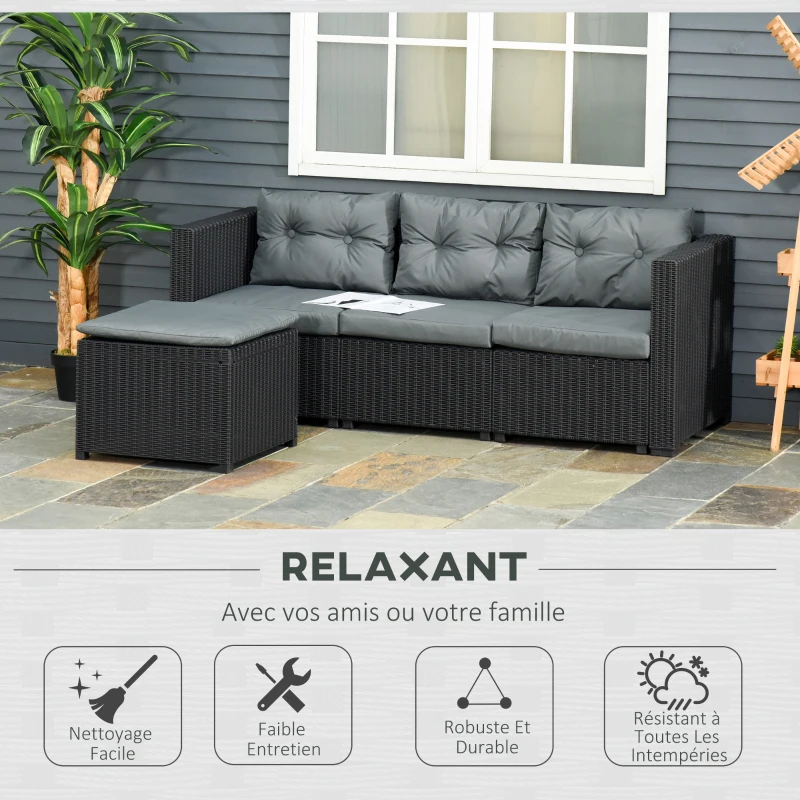 Outsunny Ensemble salon de jardin 2 pièces canapé 3 places + pouf 7 coussins déhoussables inclus PP imitation rotin tressé gris