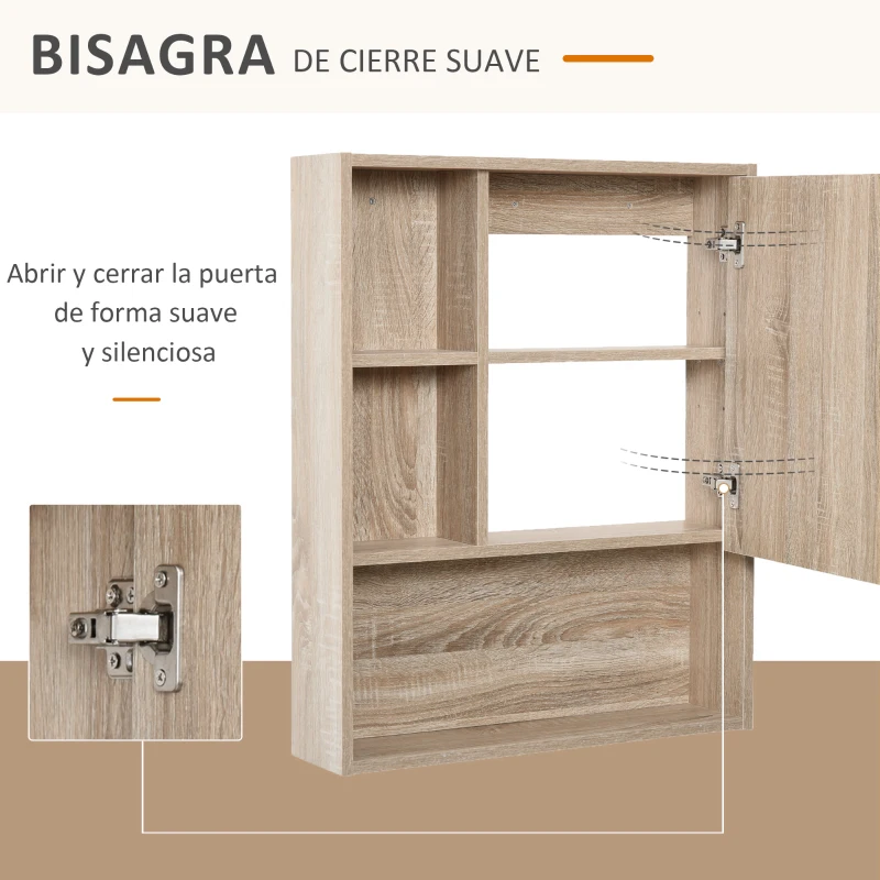 kleankin Armario con Espejo Armario de Baño Montado en Pared con Estante Ajustable en Altura Espacio Interno Estantes Abiertos 60x15x76 cm Grano de Roble