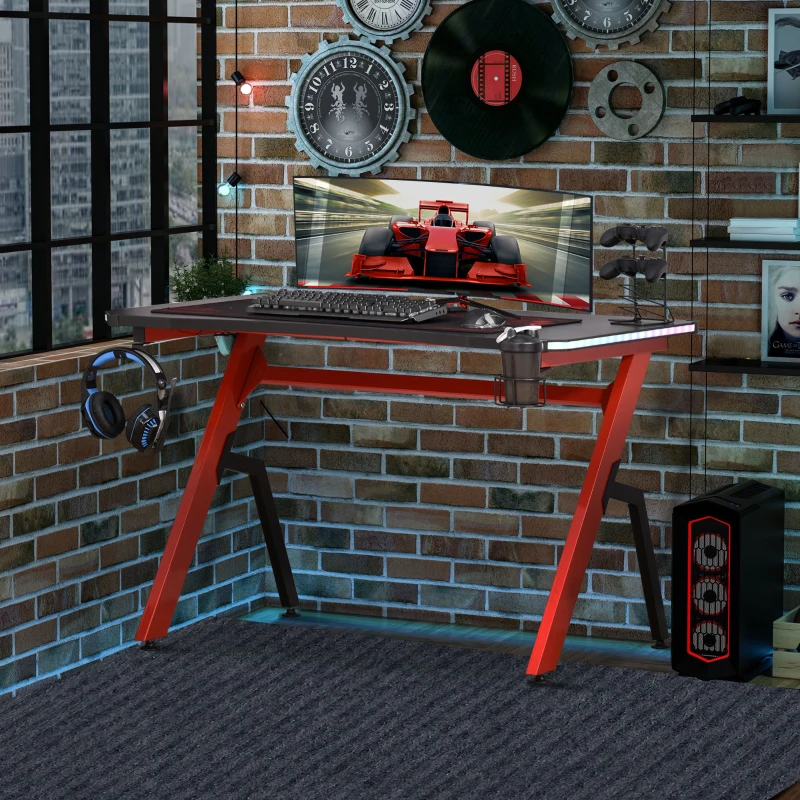 HOMCOM RGB 120 x 66cm Gaming Desk, Computer Table with Carbon Fibre Surface, Headphone Hook, Cup Holder, Controller Rack, Home Office Desk, Black and Red