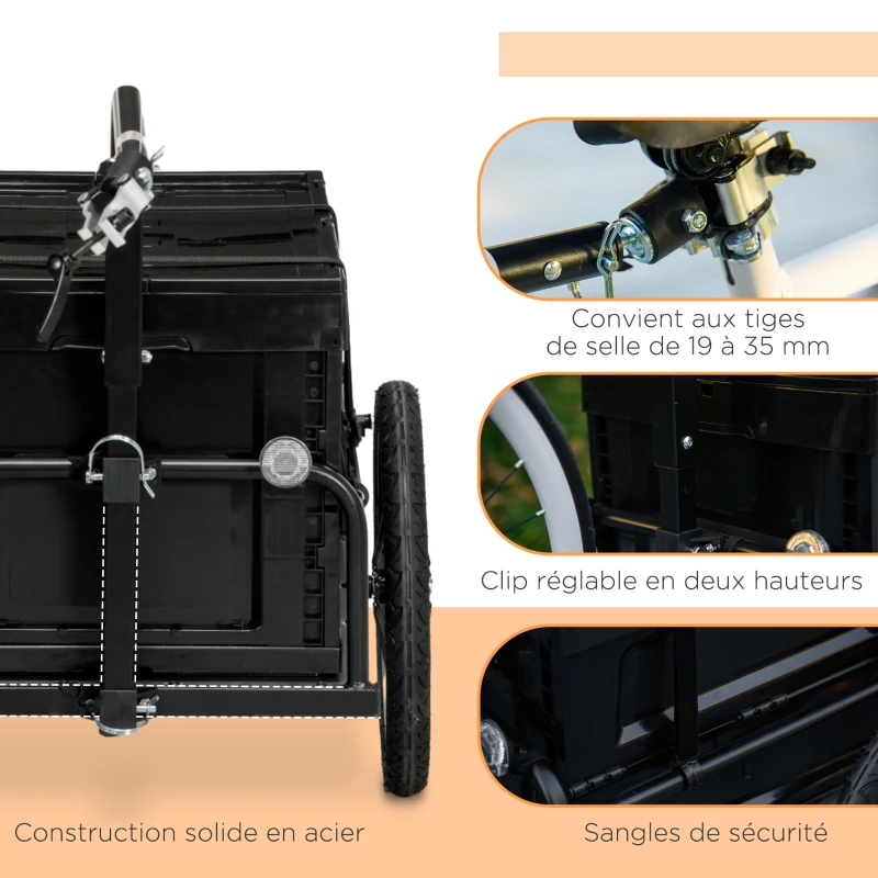 HOMCOM Remorque à vélo avec coffre de rangement amovible et pliable de 65L, réflecteurs de sécurité, charge max. 40KG, noir(m-8)