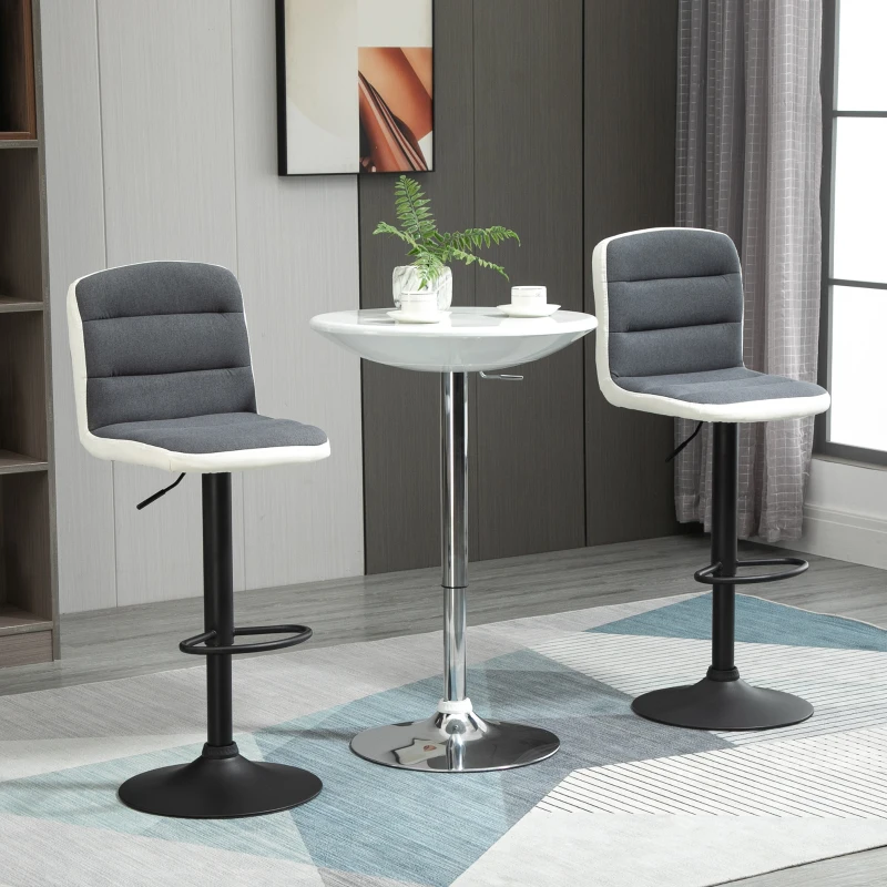 HOMCOM Bar Stools Set of 2, Height Adjustable Bar Chairs in Fabric and Faux Leather, 360° Swivel Kitchen Stool with Backrest and Footrest, Dark Grey