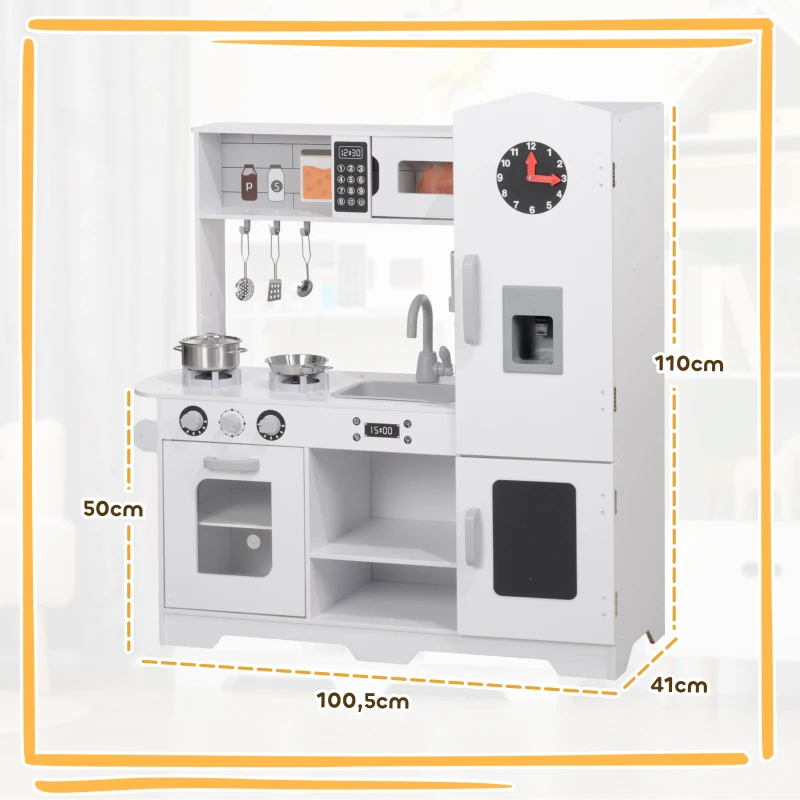 AIYAPLAY Cocina de Madera Infantil con Fogón Grifo Fregadero Microondas Reloj Máquina de Hielo y Accesorios de Cocina Blanco