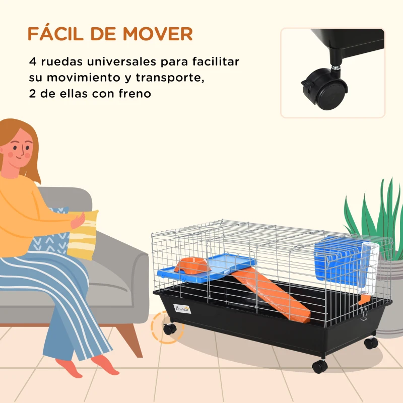 PawHut Jaula para Roedores Pequeños con Ruedas Hábitat para Hurones Conejillo de Indias con Comedero Bebedero Rampa y Techo Abrible 89x44x43 cm Negro