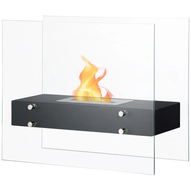 HOMCOM Cheminée éthanol à Poser en métal et Verre trempé avec réservoir 1,5 L, environ 3 h de durée de combustion Couverture 25 m² - dim. 60L x 26l x 50H cm