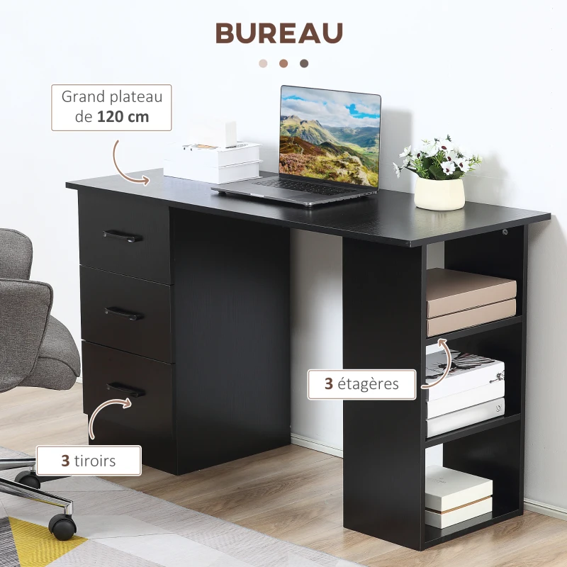 HOMCOM Bureau d'ordinateur réversible avec 3 tiroirs et 3 étagères ouvertes, 120 x 49 x 72 cm, bureau avec rangement, style moderne, table informatique pour chambre, domicile, télétravail, noir