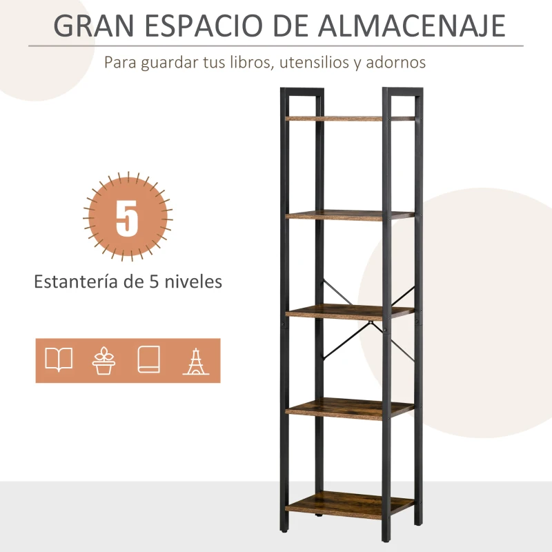 HOMCOM Estantería Industrial de 5 Niveles Estantería Librería de Almacenaje con Marco de Acero 40x30x154 cm Marrón Rústico