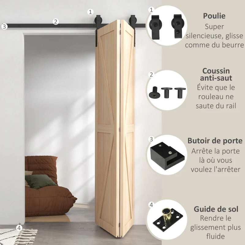 HOMCOM 152,5 CM Quincaillerie de porte coulissante pliante kit de rails de porte de grange coulissante en acier pour 2 portes