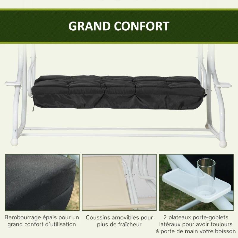 Outsunny Balancelle de jardin 2 places convertible grand confort toit inclinaison réglable coussin plateaux porte-gobelets métal polyester noir