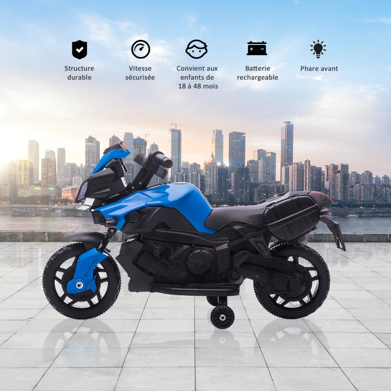 HOMCOM Moto électrique Enfant 6 V 3 Km/h Effet Lumineux et sonore roulettes Amovibles Repose-Pied valises latérales métal PP Bleu Noir(m-5)