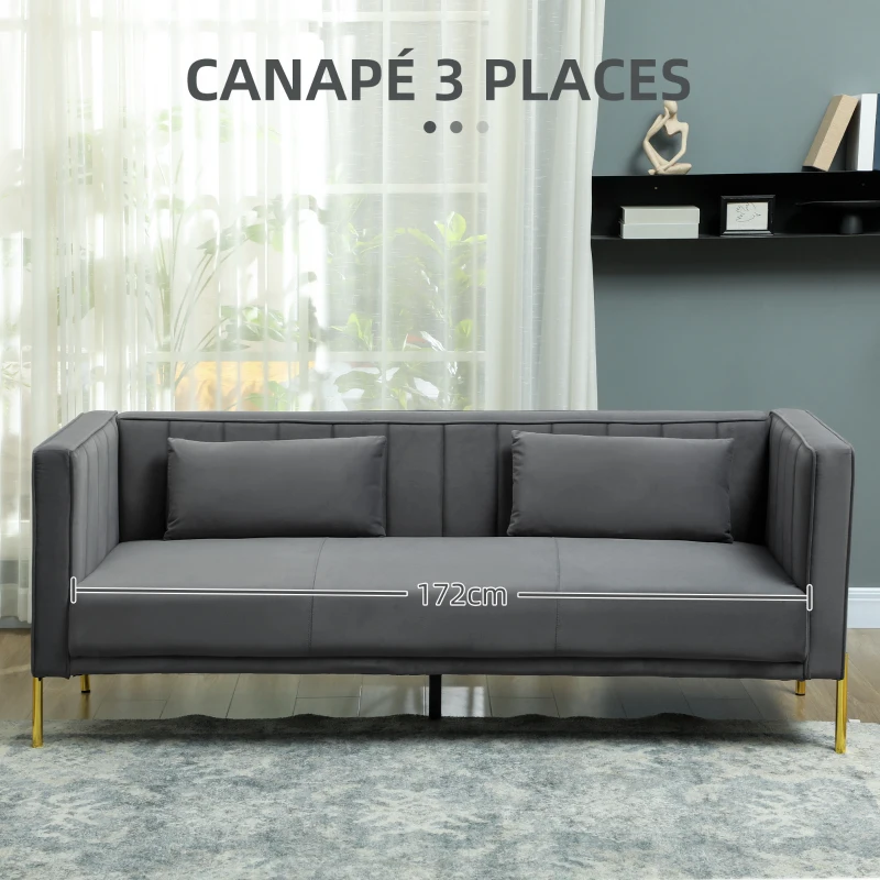 HOMCOM Canapé 3 places, 194,5l, grand confort, aspect velours et capitonné, idéal pour le salon, la chambre, le bureau, Gris