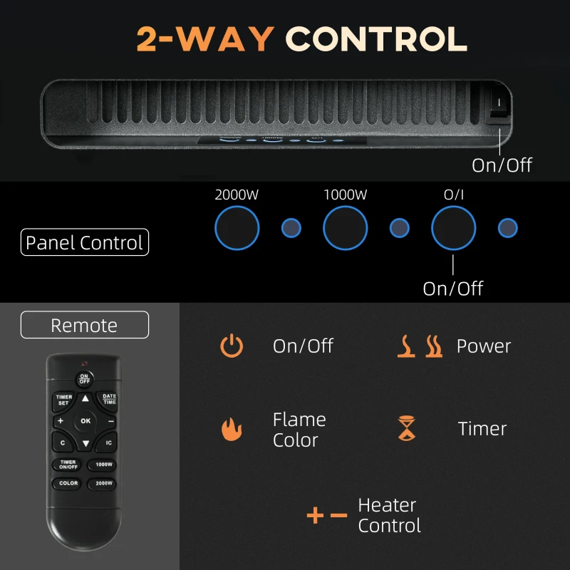 HOMCOM 127cm/50" Electric Fireplace, 2000W Recessed and Wall Mounted Electric Fire with Remote Control, 9 Flame Colour and Crystal, Black