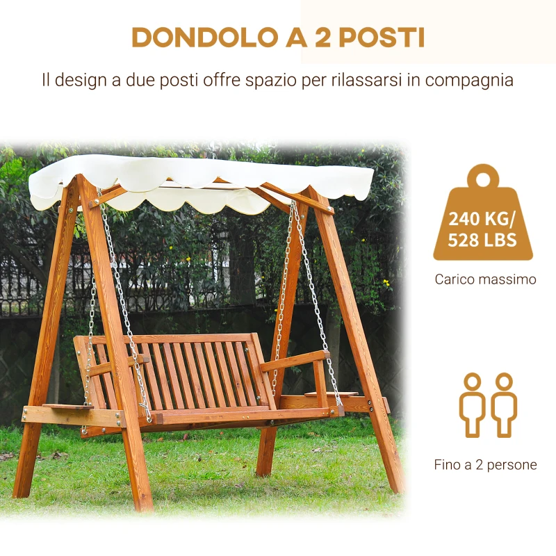 Outsunny Dondolo da Giardino Stile Classico Legno Massello di Pino Conforme alle Norme di FS Tettuccio Parasole in Tessuto di Poliestere con Rivestimento di PA 162x130x185cm 240kg