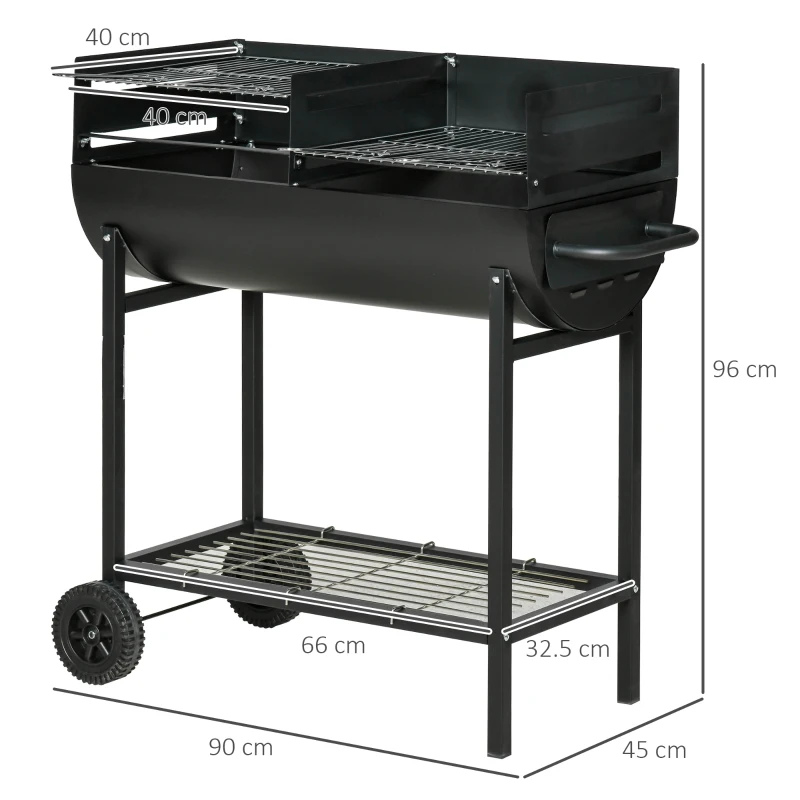 Outsunny Barbecue in Acciaio con 2 Griglie Indipendenti, 2 Ruote e Ripiano Inferiore | Nero | 90cm x 45cm x 96cm