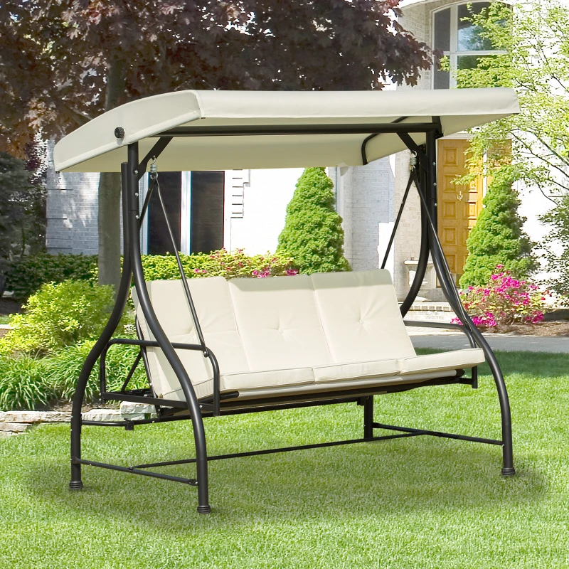 Outsunny Dondolo da Giardino 3 Posti, Dondolo Letto per Esterni con Tettuccio Regolabile, in Metallo e Poliestere, Crema