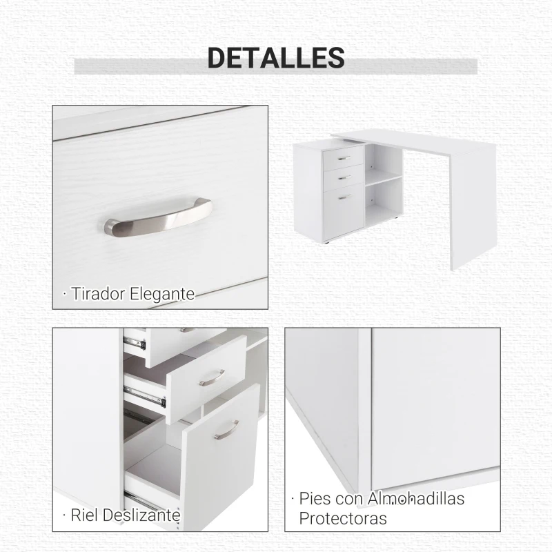 HOMCOM Mesa de Ordenador Escritorio Mesa Esquinera Oficina 2 Formas con 2 Estantes 3 Cajones Mesa de Despacho Escuela Estudio Madera Blanco