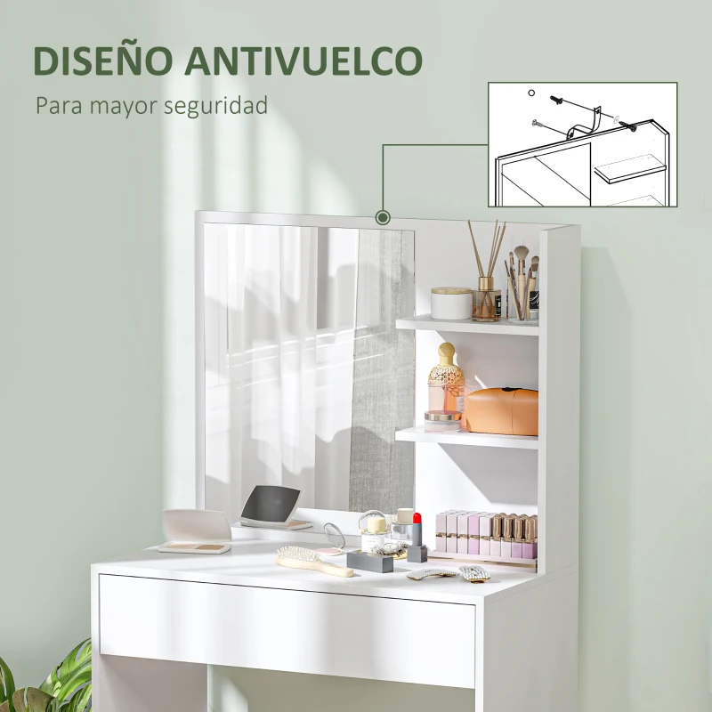 HOMCOM Tocador de Maquillaje con Espejo Mesa de Maquillaje con Cajón y Estantes Abiertos Blanco