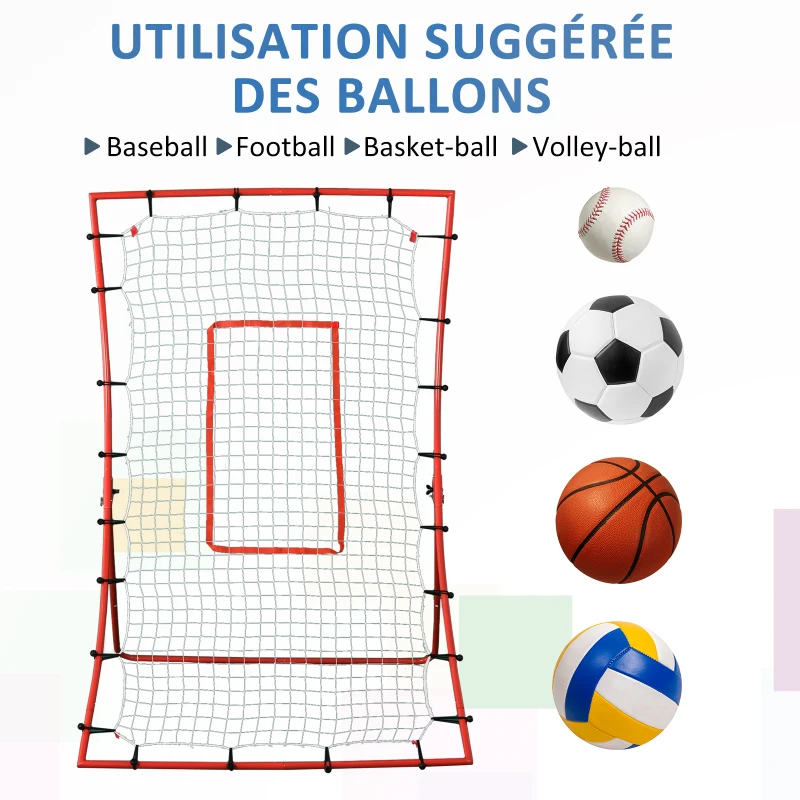 HOMCOM Filet de rebond de football, rebondisseur de football, angle réglables, accessoires de fixation fournies, rouge, blanc