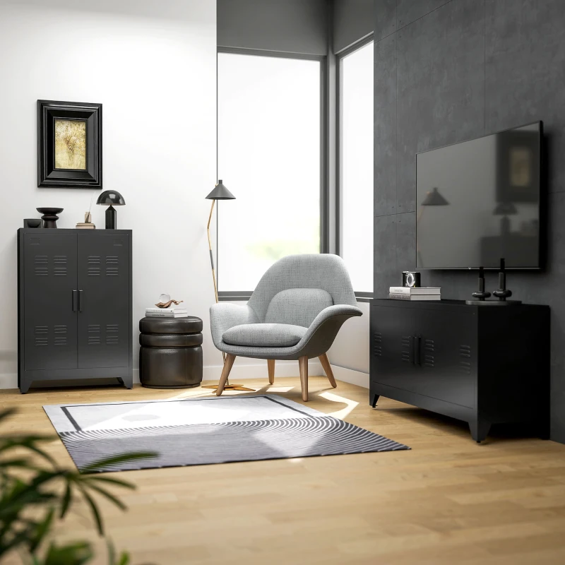 HOMCOM Meuble TV banc télévision design industriel 2 placards avec 2 étagères réglables passe-câbles structure acier noir