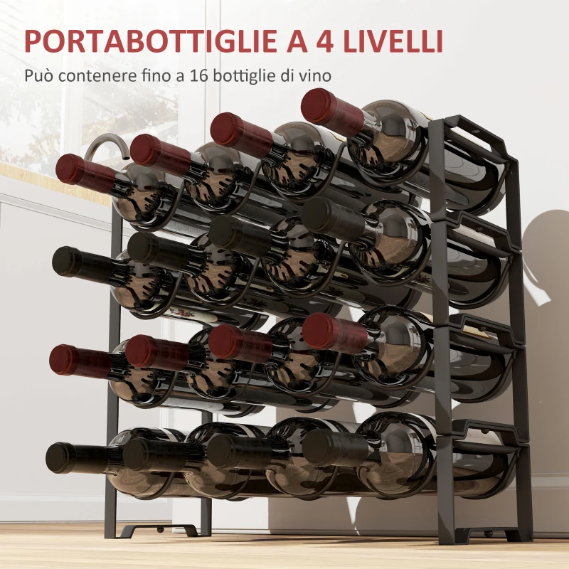 HOMCOM Portabottiglie a 4 Livelli a Onda Impilabili per 16 Bottiglie, in Metallo, 42.5x16.5x41 cm, Nero