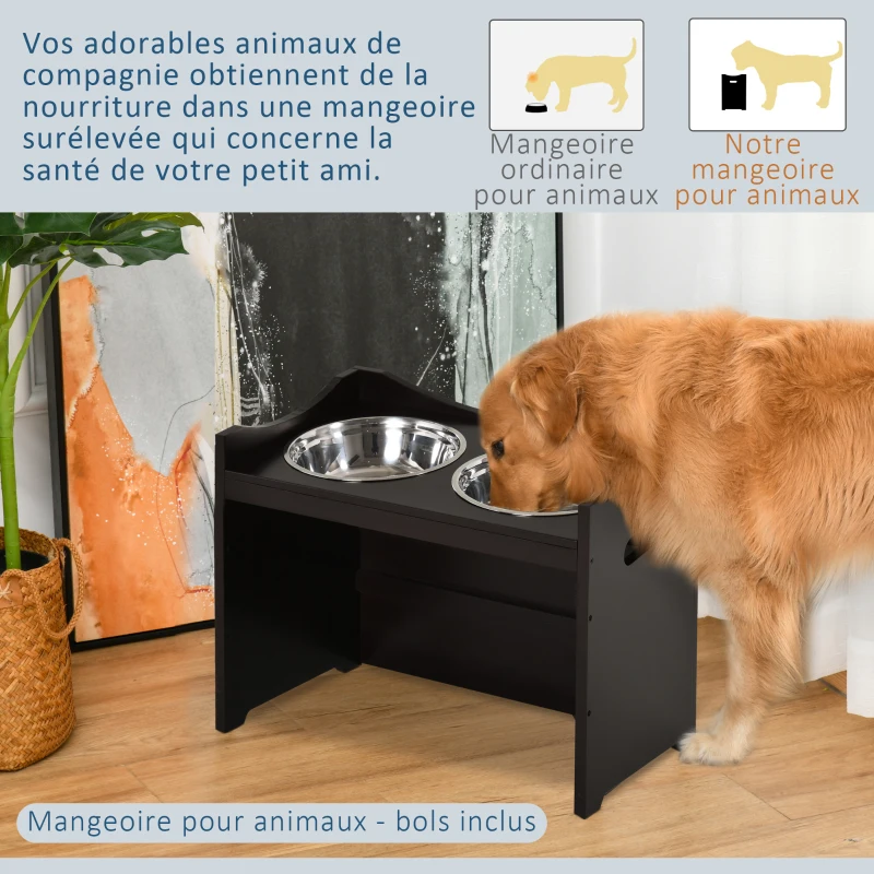 PawHut Gamelles chiens surélevées gamelle double chien chat porte-gamelles surélevé dim. 54L x 31l x 47H cm 2 gamelles 2L acier inox. incluses bois brun foncé