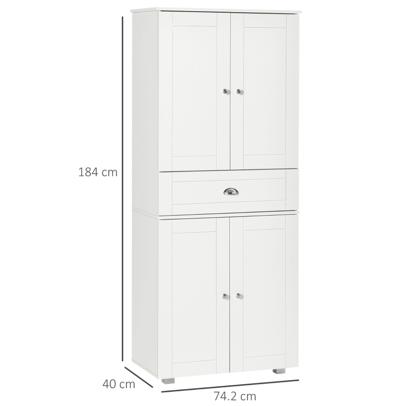 HOMCOM 184cm Tall Kitchen Cupboard, Freestanding Kitchen Pantry Storage Cabinet with 4 Doors, 3 Adjustable Shelves, Drawer, Anti-tipping Device, Sideboard Organiser for Dining Room, Living Room, White