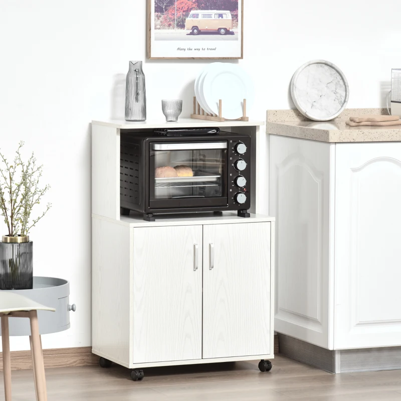 HOMCOM Mobile Cucina Multiuso con Ruote, Armadietto e Ripiano per Microonde, Credenza Alta in Legno Truciolare, 60.4x40.3x97cm Bianco