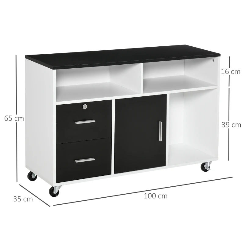 HOMCOM Mueble Auxiliar de Oficina Mueble Archivador con Ruedas Estantes y Cajones Armario Multiusos con Gran Almacenaje 100x35x65 cm Negro y Blanco