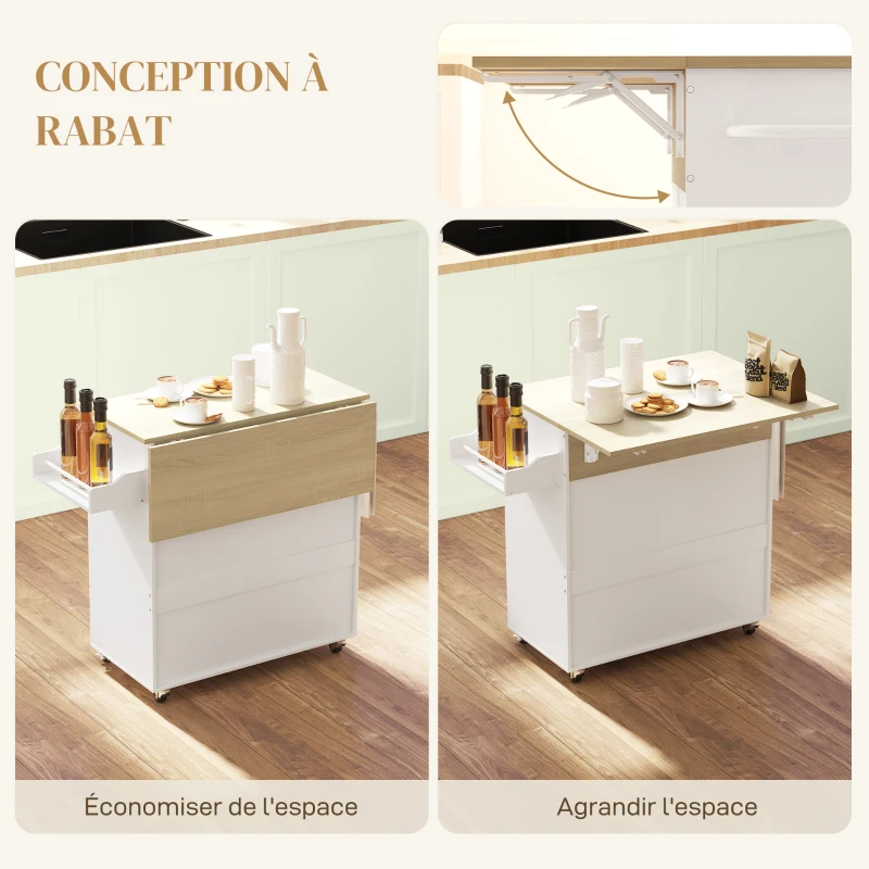 HOMCOM Desserte de cuisine sur roulettes, Îlot central cuisine - tiroir, étagère réglable, support à épices et porte-serviette