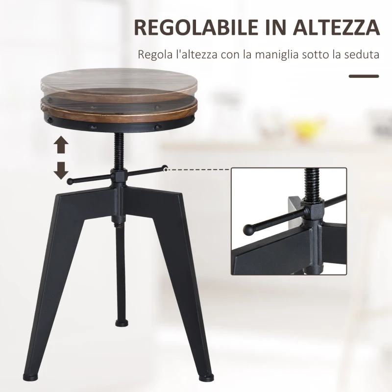 HOMCOM Sgabello da Bar Alto in Stile Industriale Regolabile in Altezza, Metallo e Legno, 39x41x49-64cm Marrone e Nero
