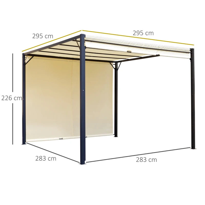Outsunny Cenador de Jardín 3x3 m Pérgola Gazebo con Techo Retráctil Pared Lateral y Marco de Acero para Patio Terraza Crema