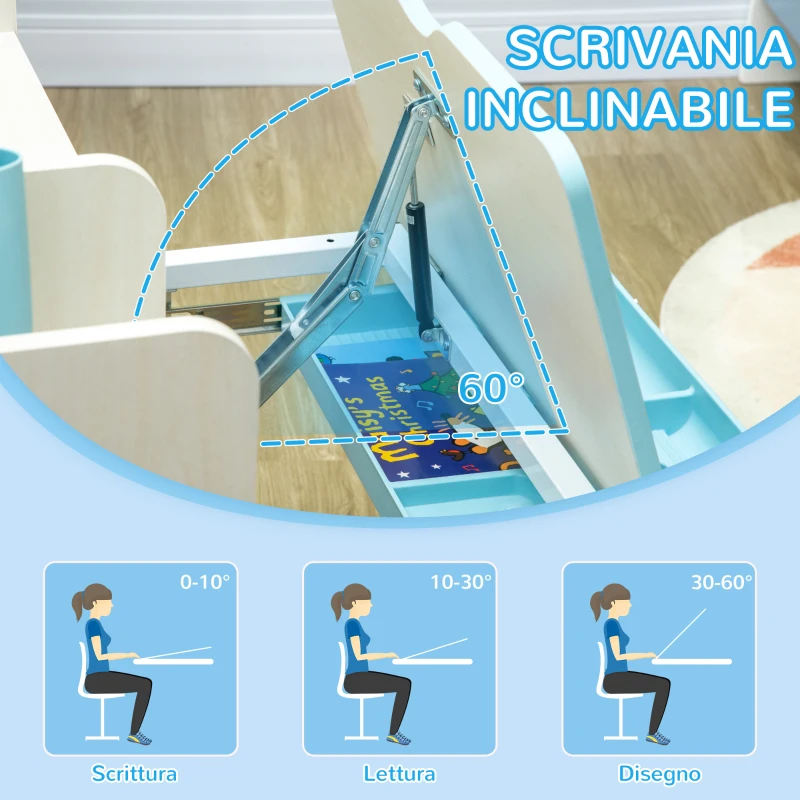 HOMCOM Banco Scuola con Sedia per Bambini 3-12 Anni, Altezza Regolabile e Piano Inclinabile, Azzurro