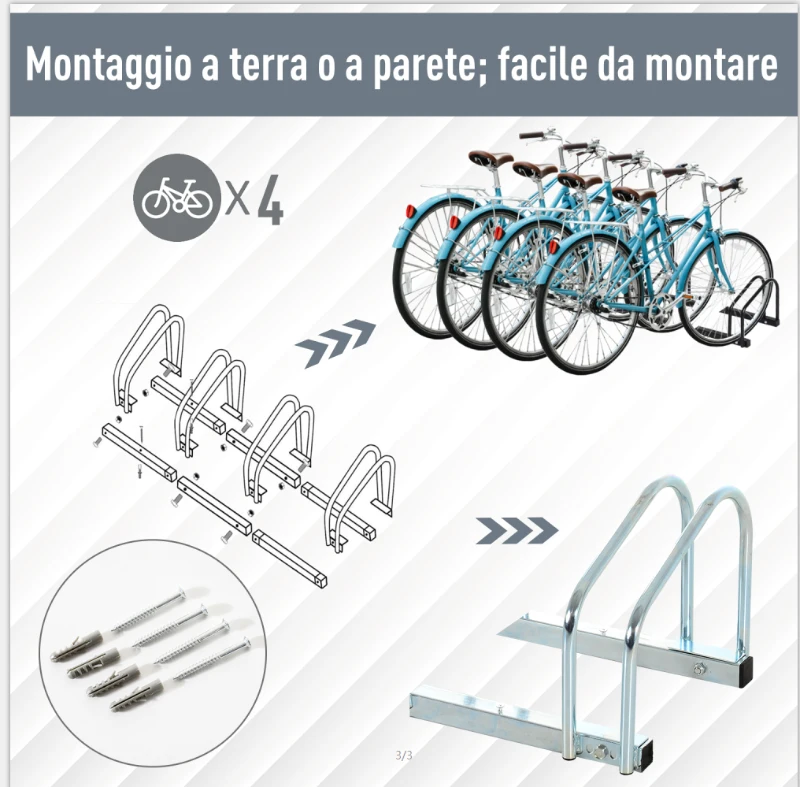 HOMCOM Rastrelliera Biciclette da Pavimento o Parete, Portabici da Terra per 4 Biciclette in Acciaio, Ruote Fino 55 mm, 100x33x27 cm, Argento