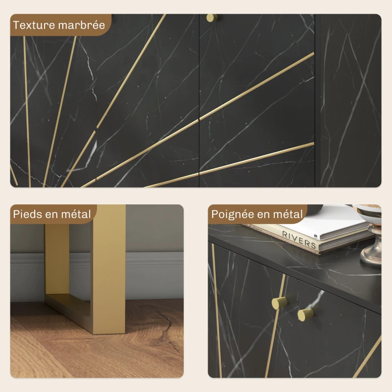 HOMCOM Meuble de rangement buffet salon avec 2 placards 3 portes et étagère réglable, pieds en métal, aspect marbre noir