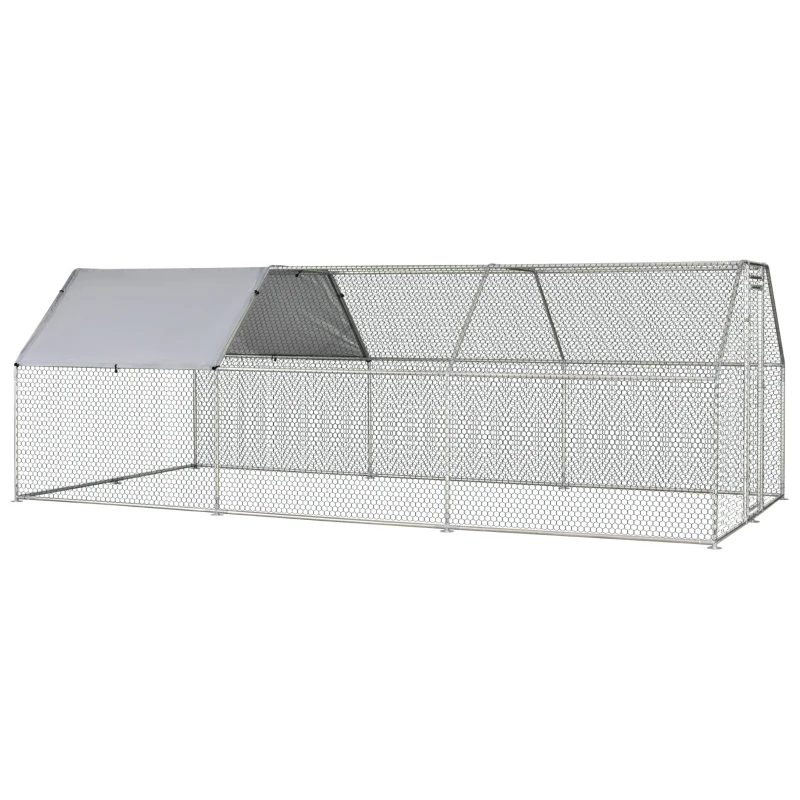 PawHut Gallinero de Exterior 2,8x5,7x1,95 m Gallinero Grande Cubierta de Tela Oxford y Corral de Metal Galvanizado Plata