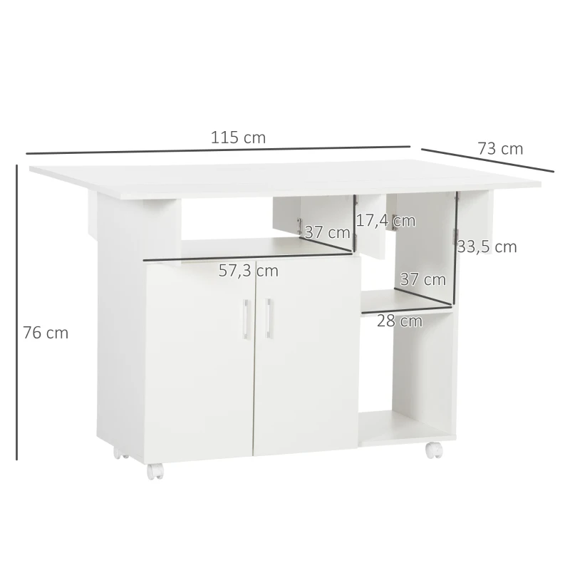 HOMCOM Table de salle à manger pliable, table pliante sur roulettes avec compartiments placard étagère 115 x 73 x 76 cm blanc