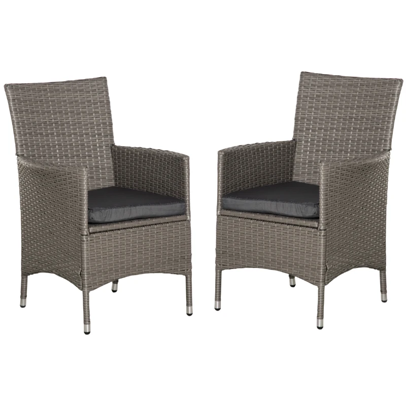 Outsunny 2 Pieces Outdoor PE Rattan Dining Chairs Set with Cushion, Garden Armchair with Armrests, High Backrest, Metal Frame Patio Wicker Furniture, Grey